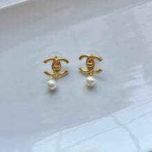 Load image into Gallery viewer, Gold CC Dangle Pearl Studs
