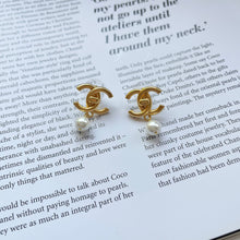 Load image into Gallery viewer, Gold CC Dangle Pearl Studs
