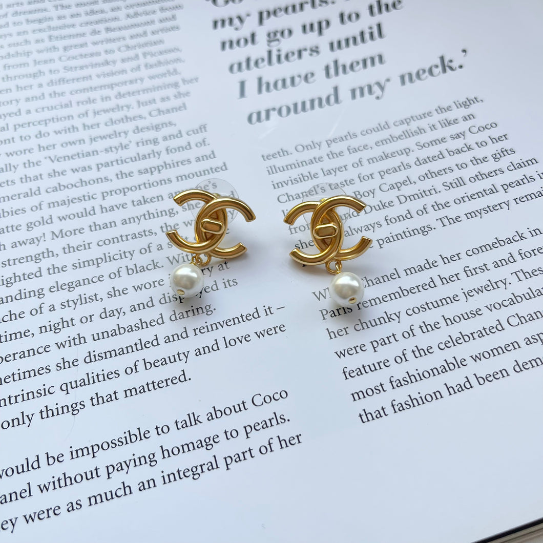 Gold CC Dangle Pearl Studs