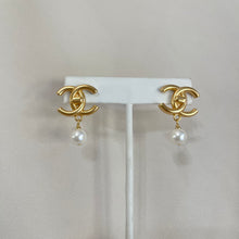 Load image into Gallery viewer, Gold CC Dangle Pearl Studs
